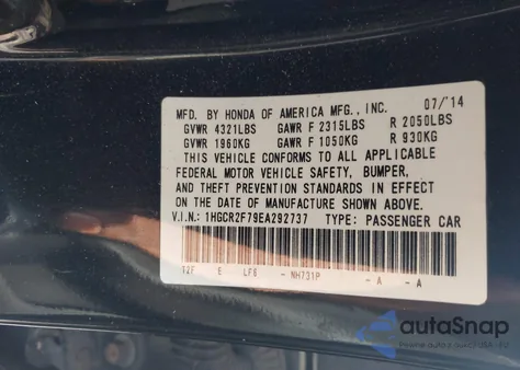2014 Honda Accord Ex z USA, uszkodzony, nr VIN 1HGCR2F79EA292737